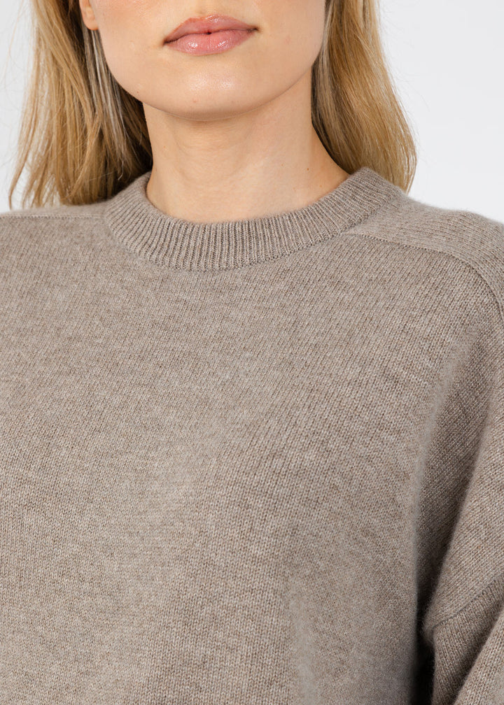 White + Warren Cashmere Blend Luxe Fringe Crew Sweater in Misty Brown available at Barbara Katz