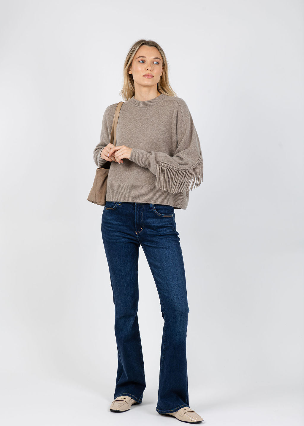 White + Warren Cashmere Blend Luxe Fringe Crew Sweater in Misty Brown available at Barbara Katz