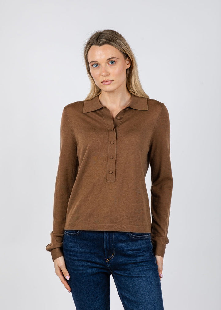 White + Warren Superfine Merino Polo in Burnt Caramel available at Barbara Katz