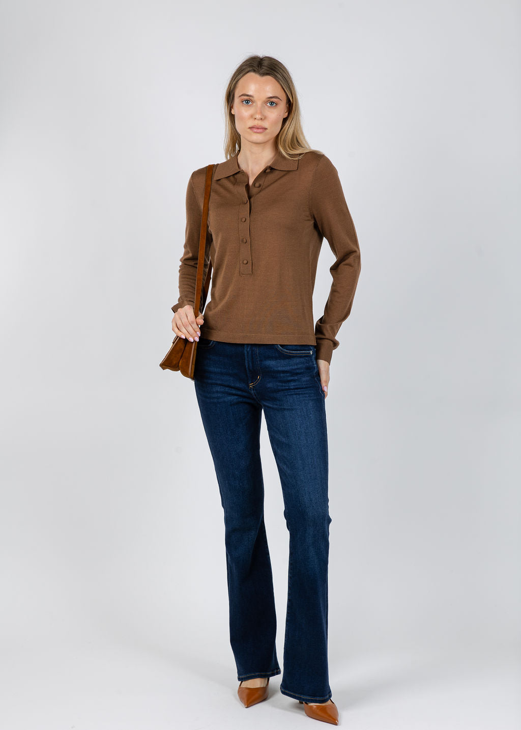 White + Warren Superfine Merino Polo in Burnt Caramel available at Barbara Katz