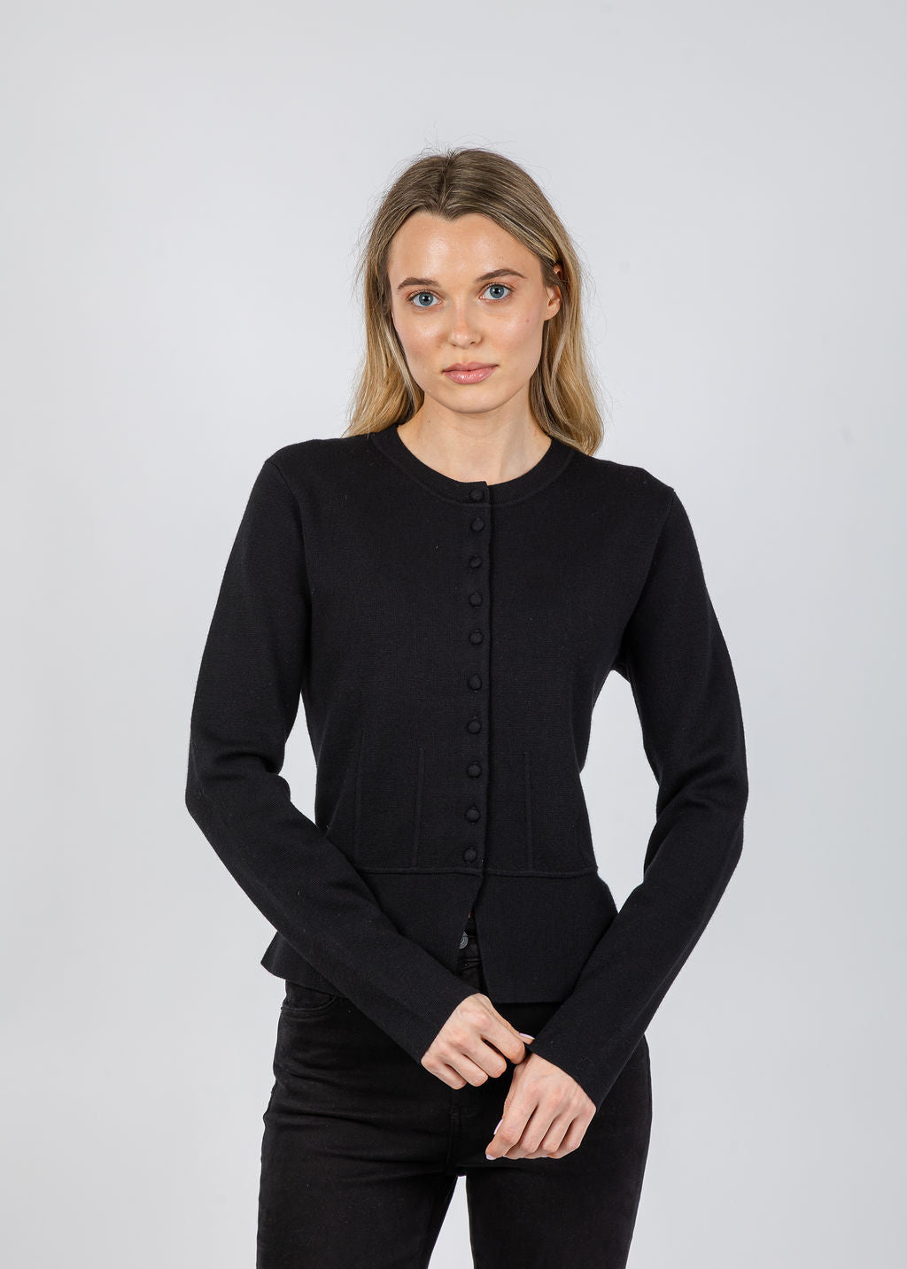 White + Warren Superfine Merino Waisted Cardigan in Black available at Barbara Katz