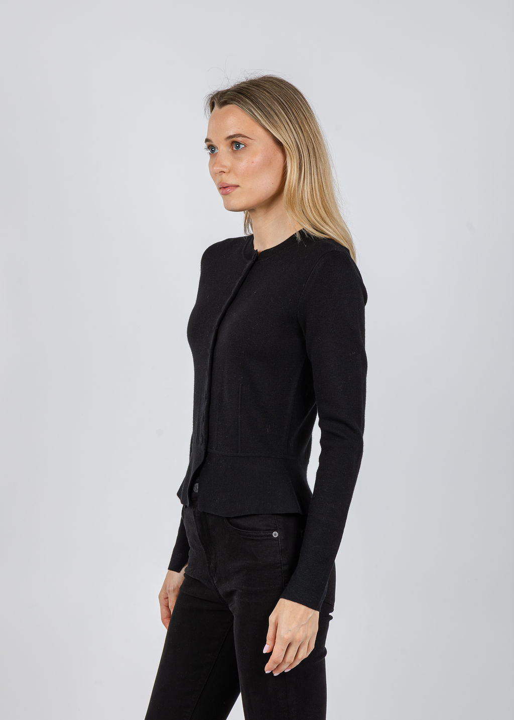 White + Warren Superfine Merino Waisted Cardigan in Black available at Barbara Katz