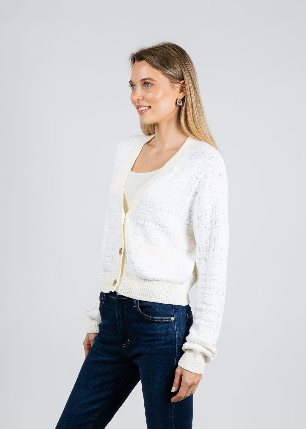White & Warren Textured Boucle Cardigan in Ivory Tonal available at Barbara Katz