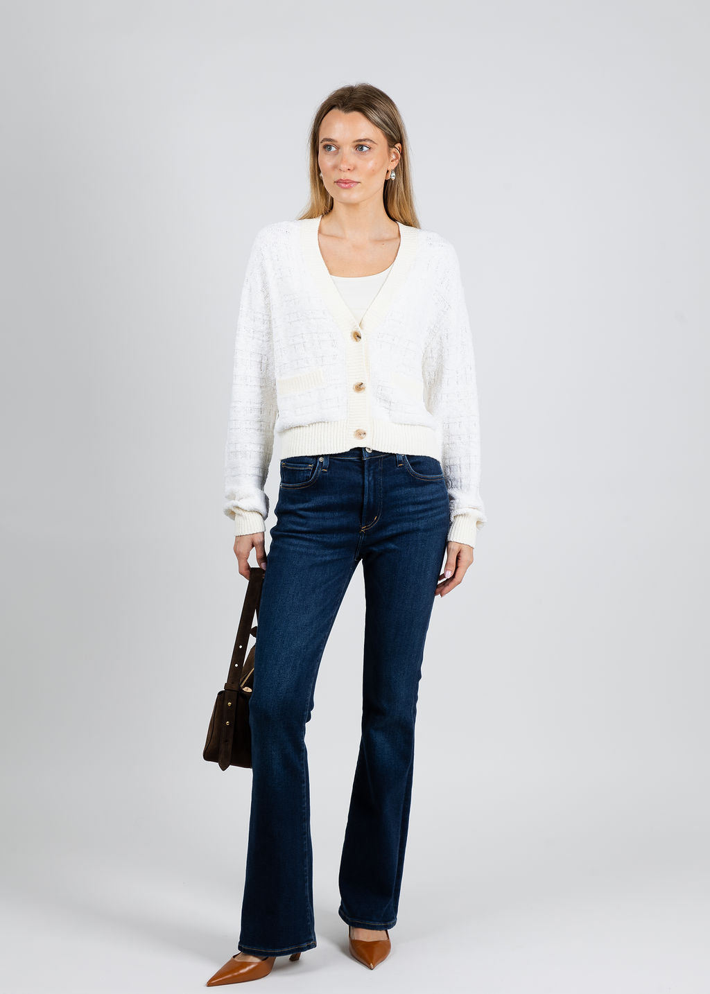 White & Warren Textured Boucle Cardigan in Ivory Tonal available at Barbara Katz