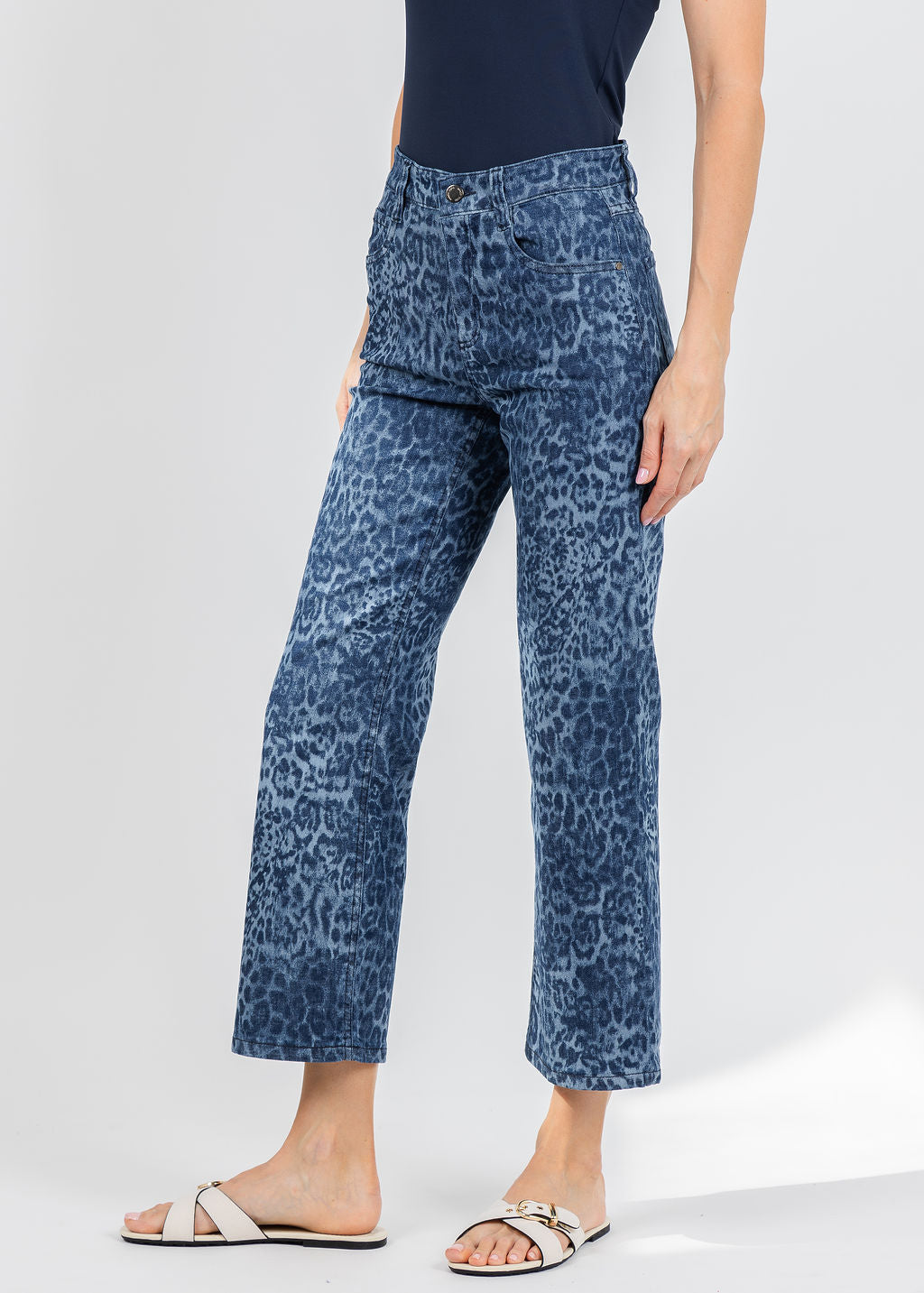 Wonderjeans Relaxed Straight Ankle Jean 26" in Blue Denim Leopard available at Barbara Katz