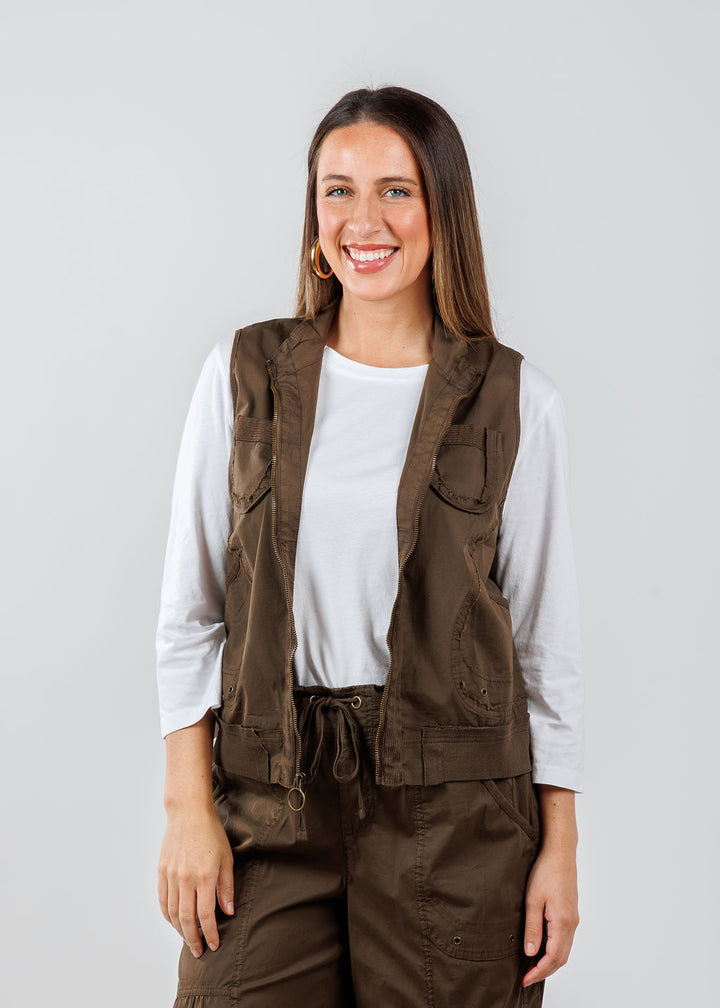 XCVI Grindelle Vest in Westgate paired with Pure Amici 3/4 Sleeve Crew Tee in White available at Barbara Katz