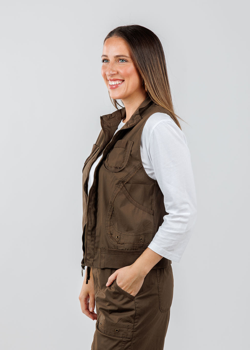 XCVI Grindelle Vest in Westgate paired with Pure Amici 3/4 Sleeve Crew Tee in White available at Barbara Katz