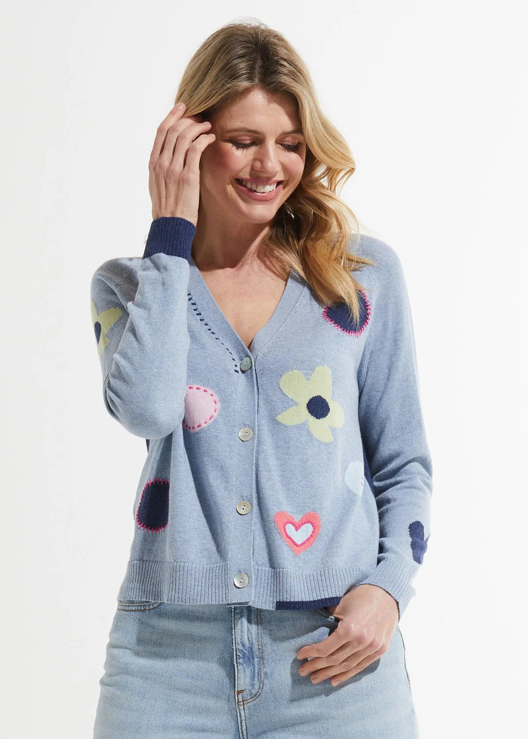 Zaket & Plover Vanessa Flowers & Spot Cardigan in Jean available at Barbara Katz
