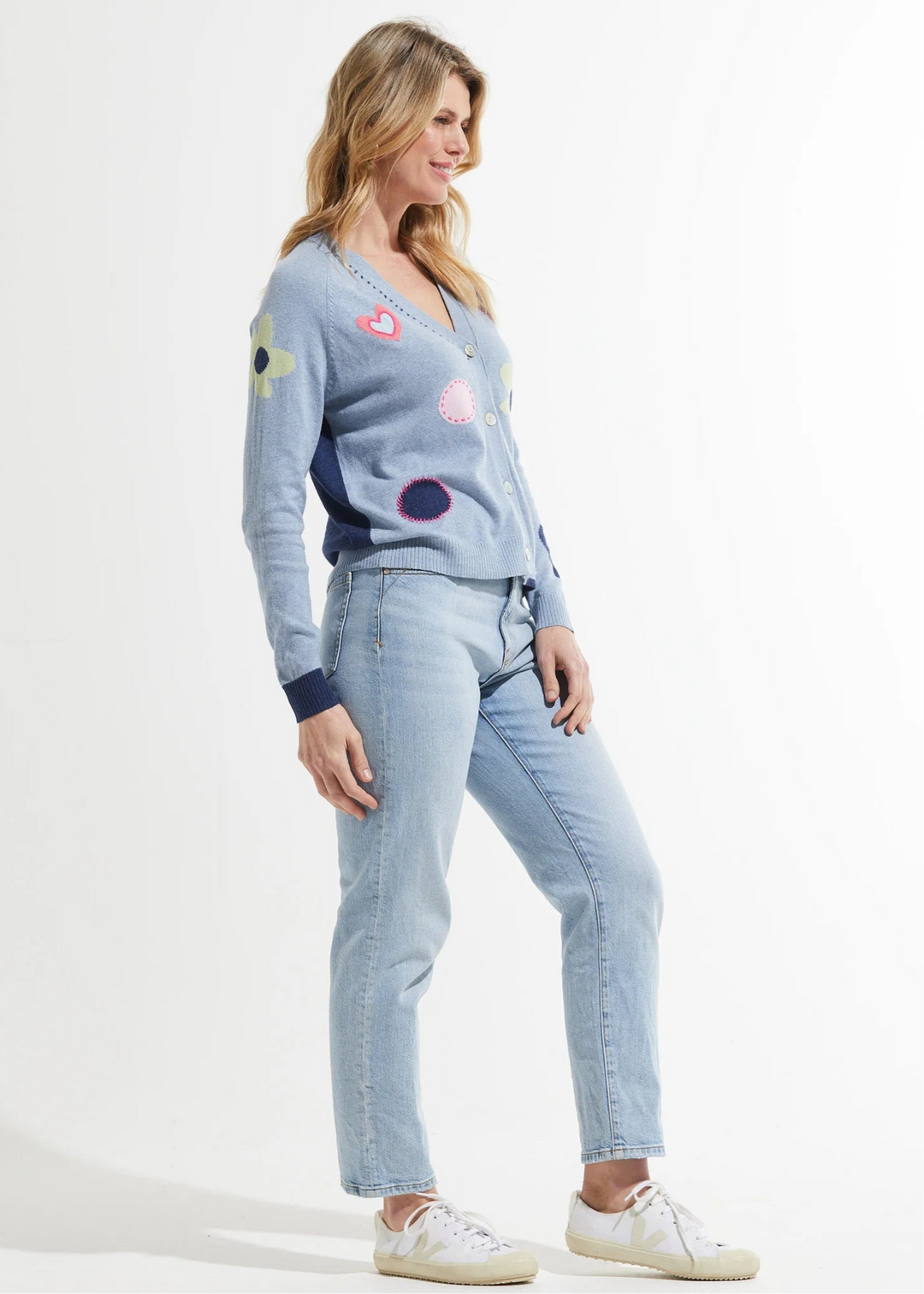 Zaket & Plover Vanessa Flowers & Spot Cardigan in Jean available at Barbara Katz