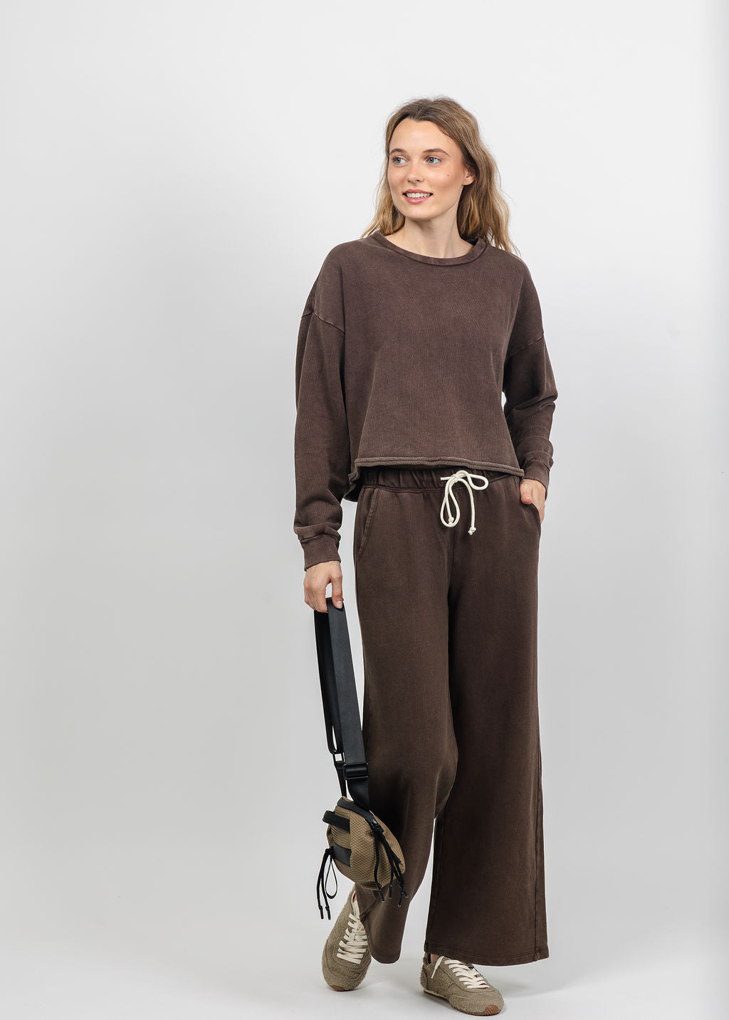 Z Supply Circuit Sweatshirt and Hunter Knit Denim Pants in Dark Chocolate available at Barbara Katz