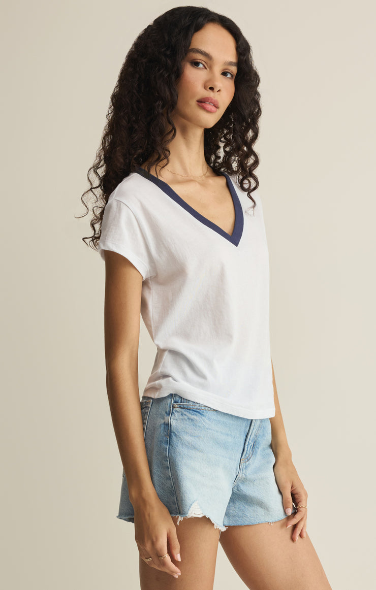 Z Supply Modern Colorblocked V-Neck Tee in White available at Barbara Katz