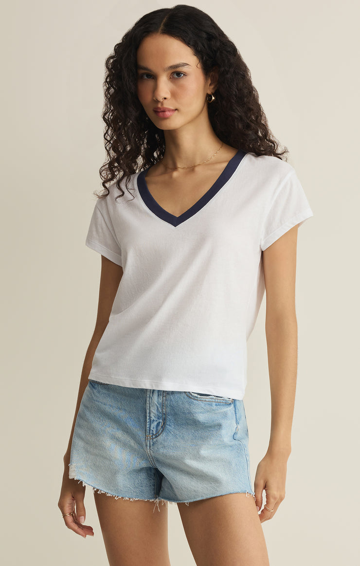 Z Supply Modern Colorblocked V-Neck Tee in White available at Barbara Katz
