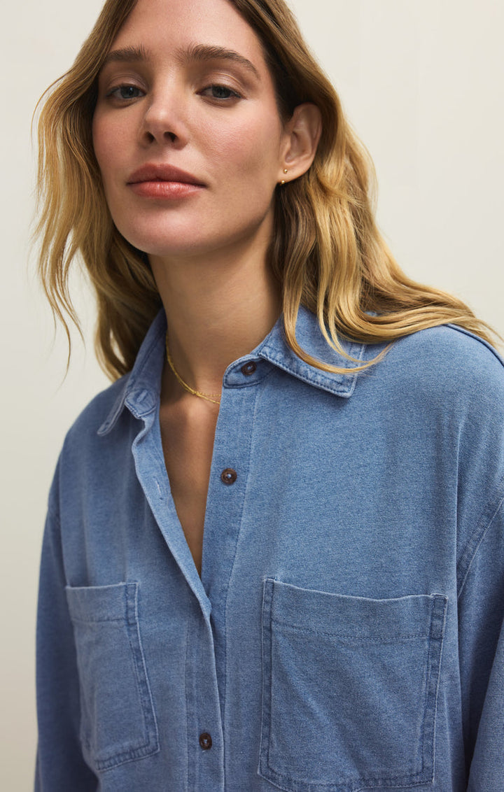 Z Supply Reese Denim Button Up in Santorini Indigo available at Barbara Katz