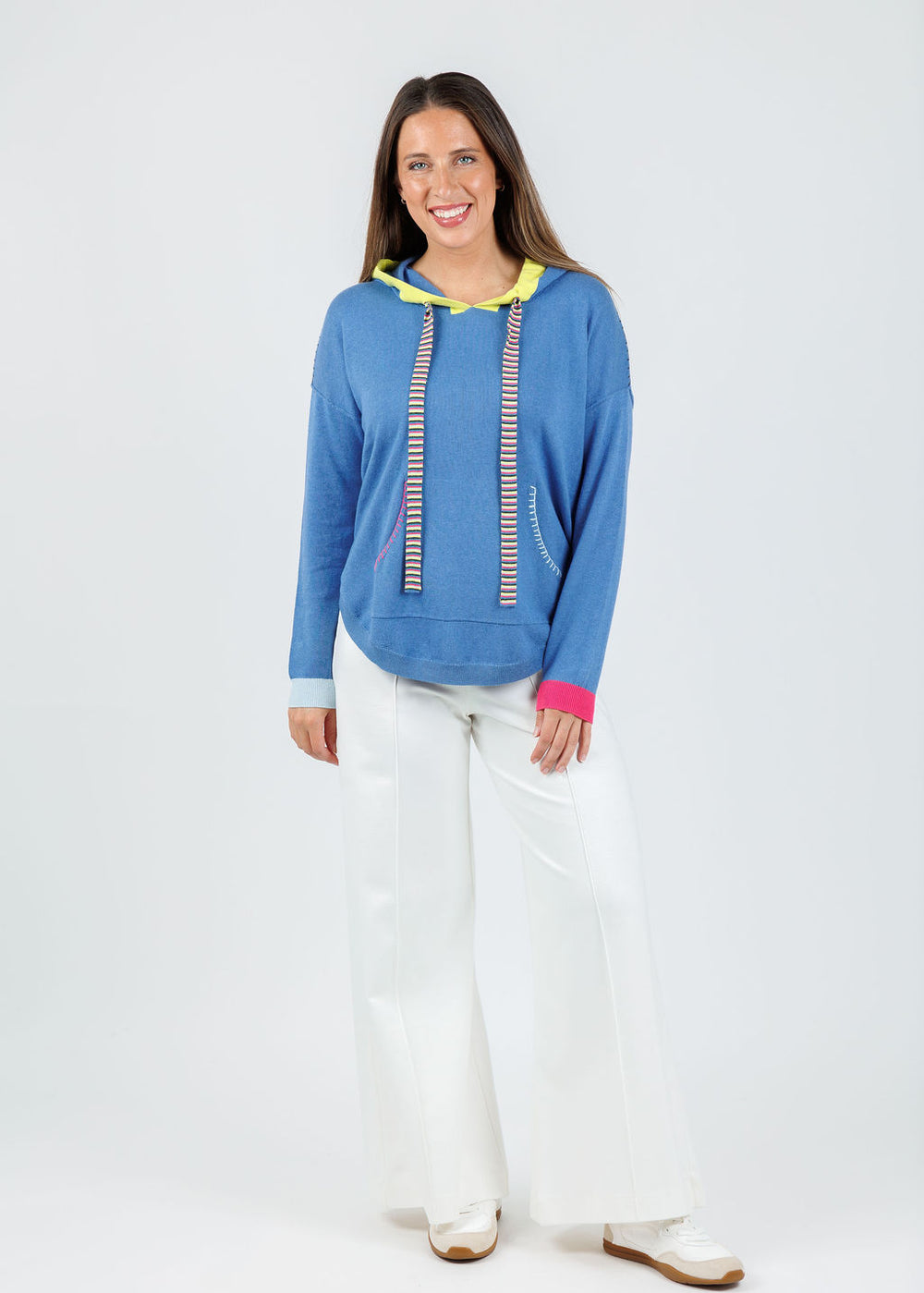 Zaket & Plover Layla Pocket Hoodie in Chambray paired with Ripley Rader Ponte Knit Cropped Wide Leg Pants in Off White available at Barbara Katz