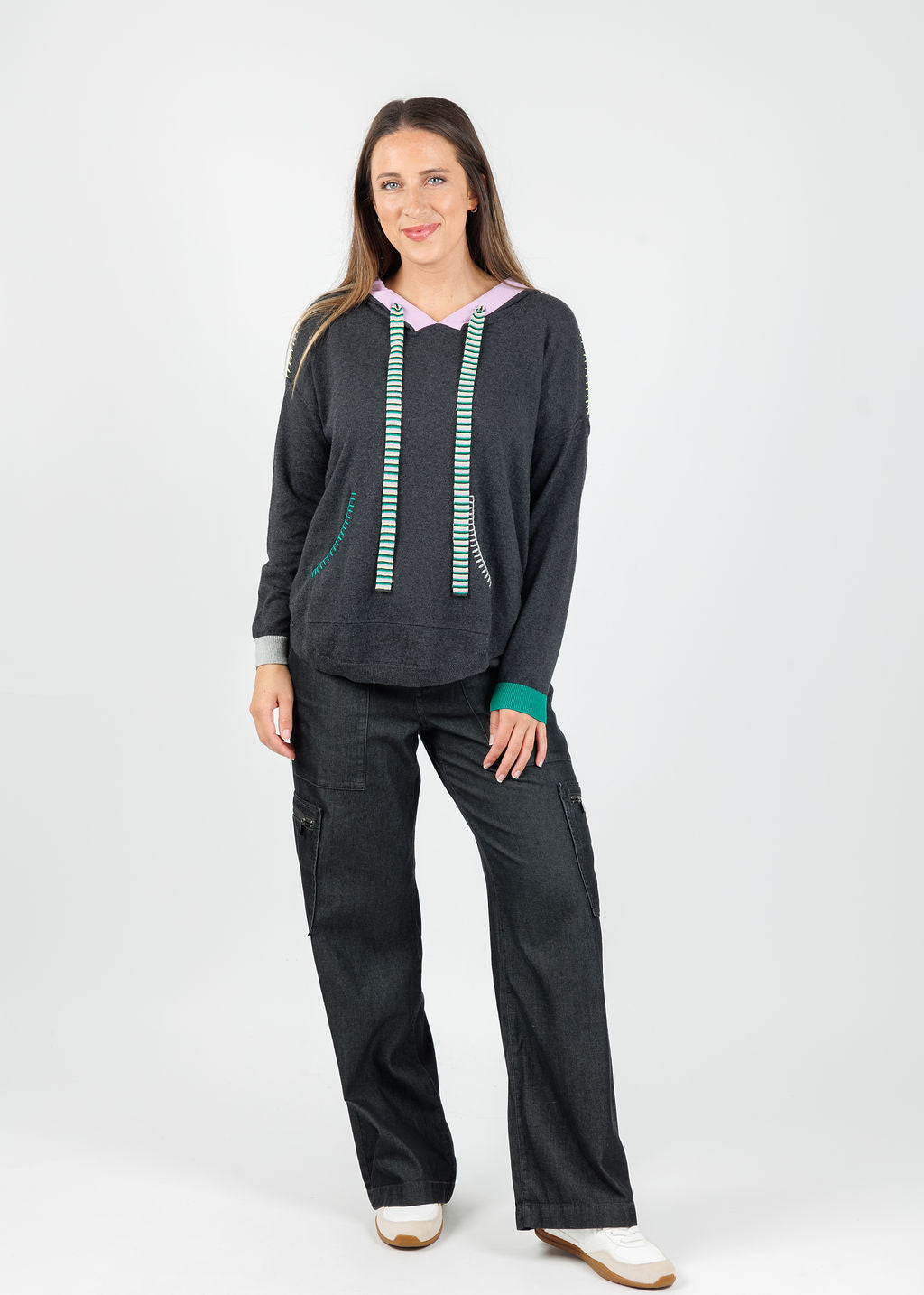 Zaket & Plover Layla Pocket Hoodie in Charcoal paired with Hinson Wu Danni Denim Cargo Pants in Black Wash available at Barbara Katz