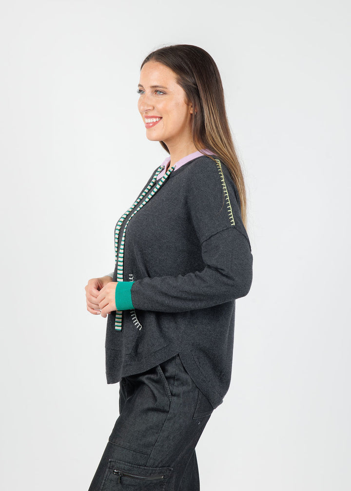Zaket & Plover Layla Pocket Hoodie in Charcoal paired with Hinson Wu Danni Denim Cargo Pants in Black Wash available at Barbara Katz