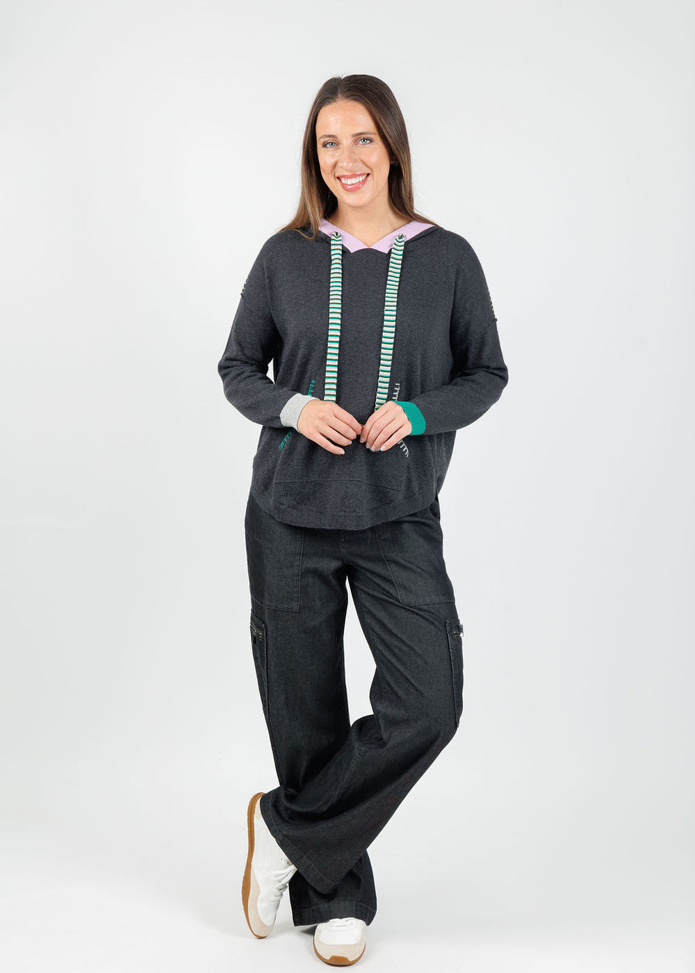 Zaket & Plover Layla Pocket Hoodie in Charcoal paired with Hinson Wu Danni Denim Cargo Pants in Black Wash available at Barbara Katz