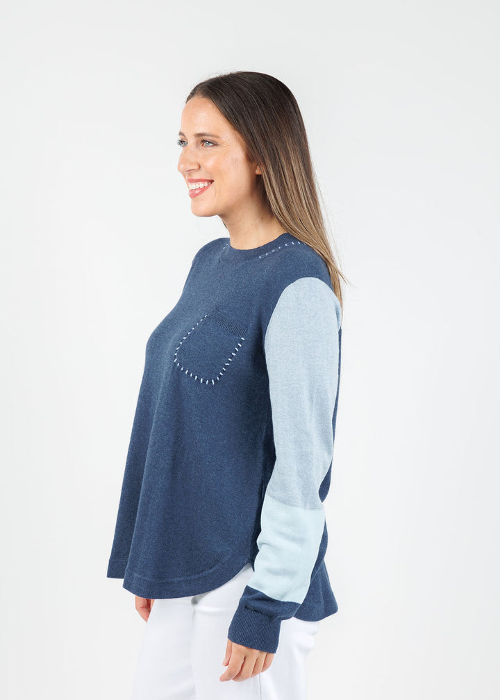 Zaket & Plover Mia Stitch Pocket Sweater in Denim available at Barbara Katz