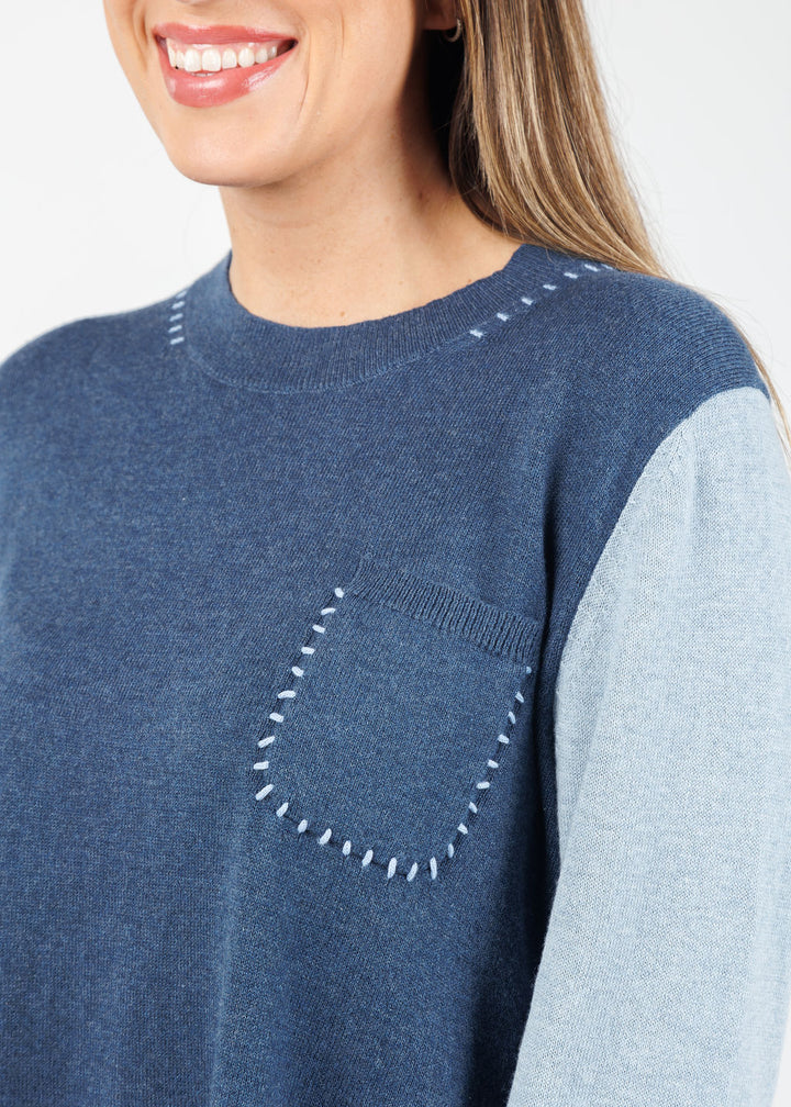 Zaket & Plover Mia Stitch Pocket Sweater in Denim available at Barbara Katz