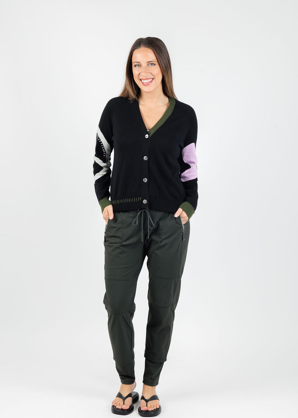 Zaket & Plover Peace & Flower Cardigan in Black paired with Raffaello Rossi Candy Pants in Dark Olive available at Barbara Katz