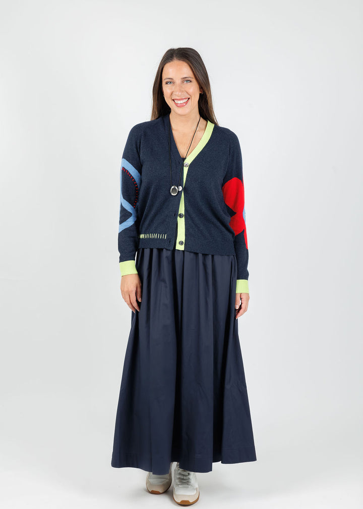 BK Lilian Mixed Media Midi Dress in Navy layered with Zaket & Plover Peace & Flower Cardigan in Dark Denim available at Barbara Katz