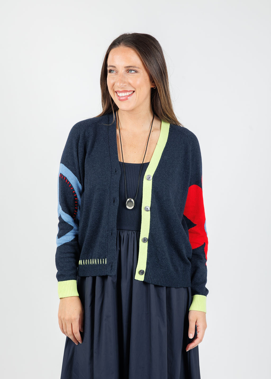 Zaket & Plover Peace & Flower Cardigan in Dark Denim available at Barbara Katz