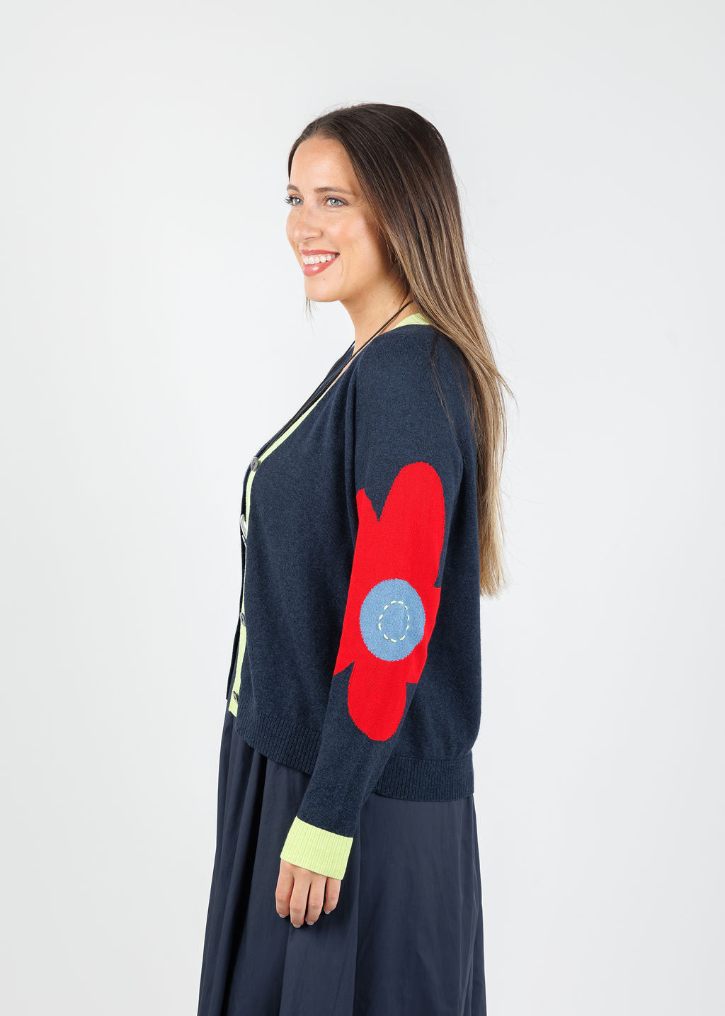 Zaket & Plover Peace & Flower Cardigan in Dark Denim available at Barbara Katz