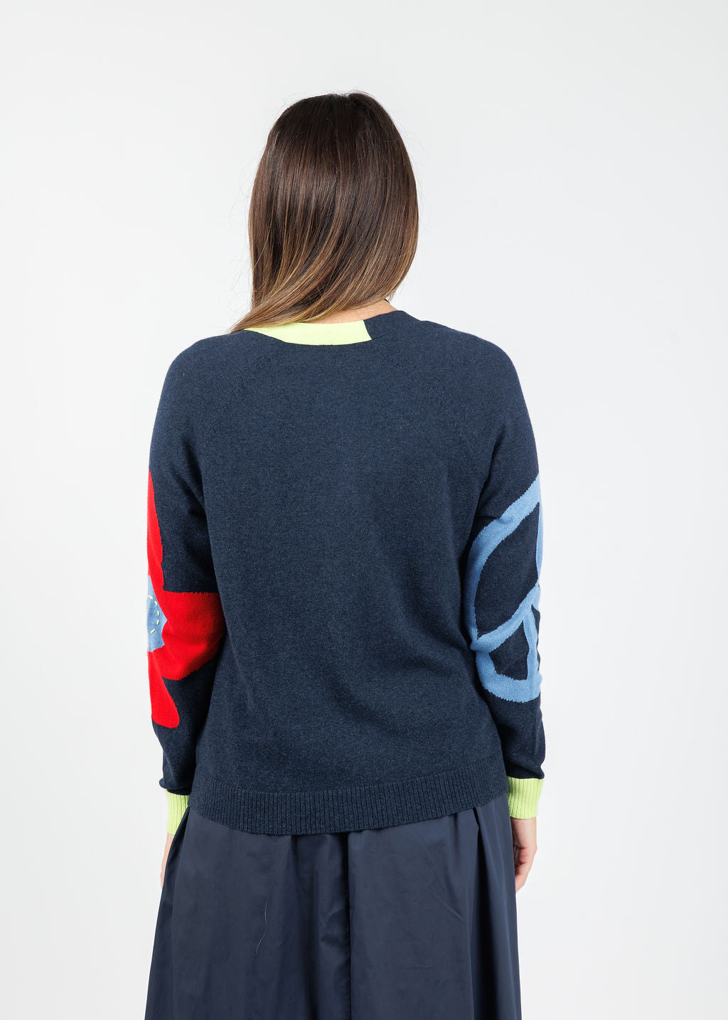 Zaket & Plover Peace & Flower Cardigan in Dark Denim available at Barbara Katz