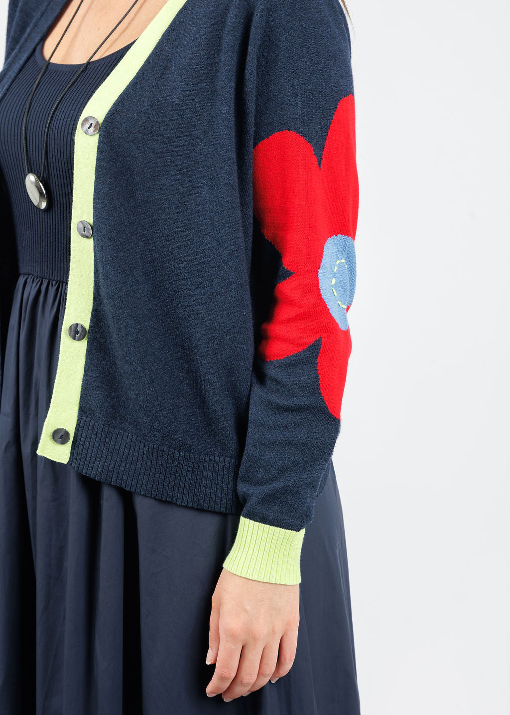 BK Lilian Mixed Media Midi Dress in Navy layered with Zaket & Plover Peace & Flower Cardigan in Dark Denim available at Barbara Katz