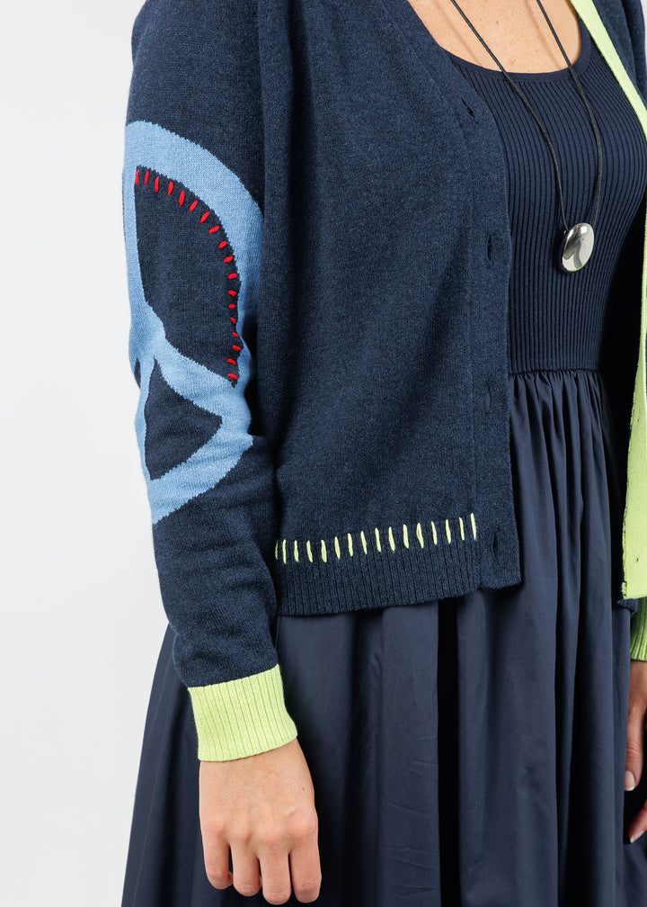 BK Lilian Mixed Media Midi Dress in Navy layered with Zaket & Plover Peace & Flower Cardigan in Dark Denim available at Barbara Katz