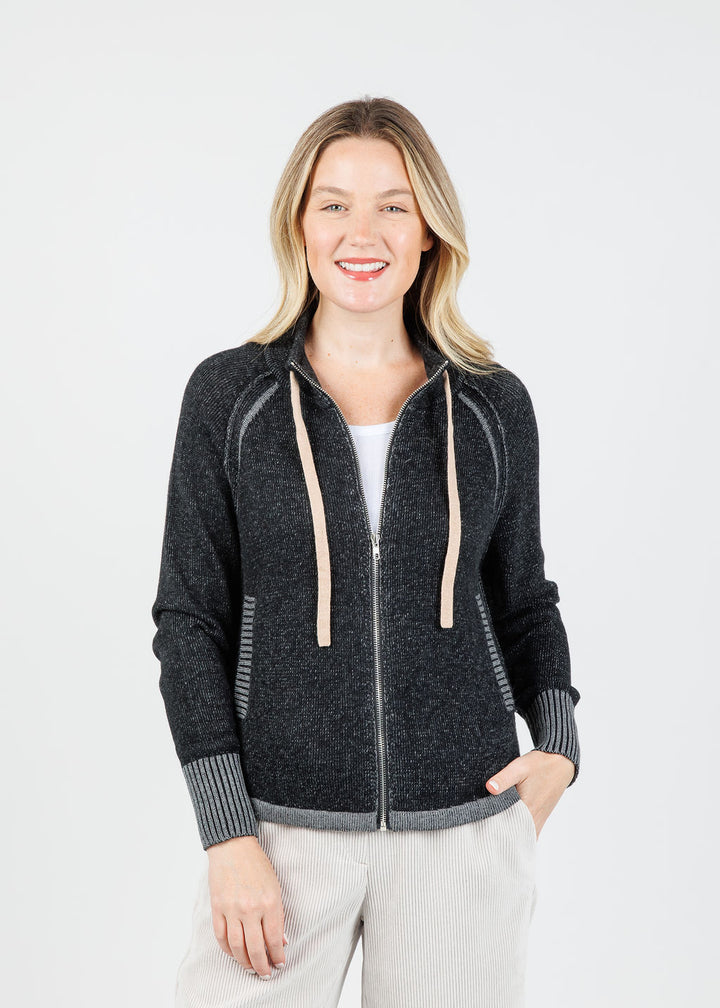 Zaket & Plover Alaia Two-Tone Zip Up Sweater in Black available at Barbara Katz