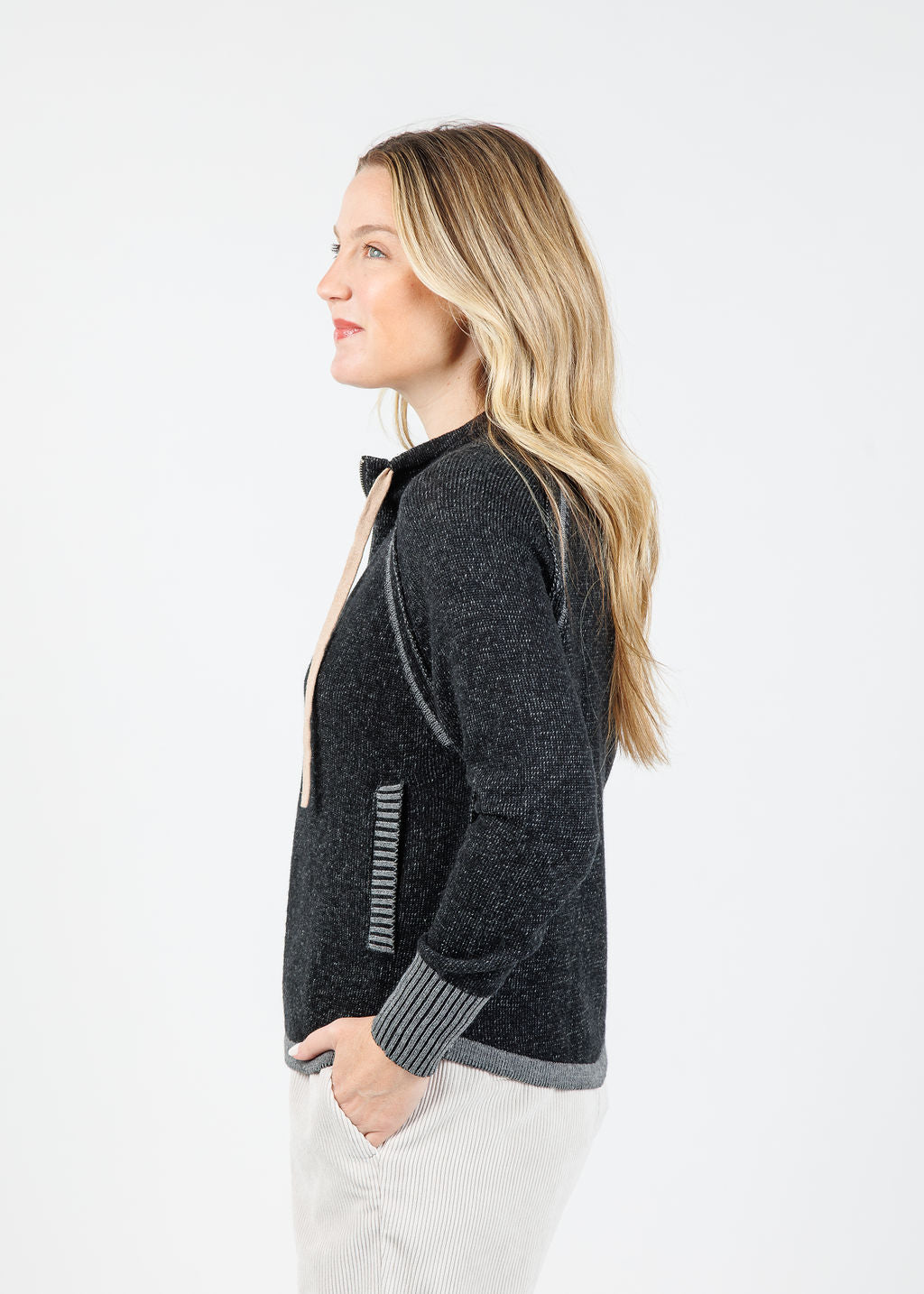 Zaket & Plover Alaia Two-Tone Zip Up Sweater in Black available at Barbara Katz