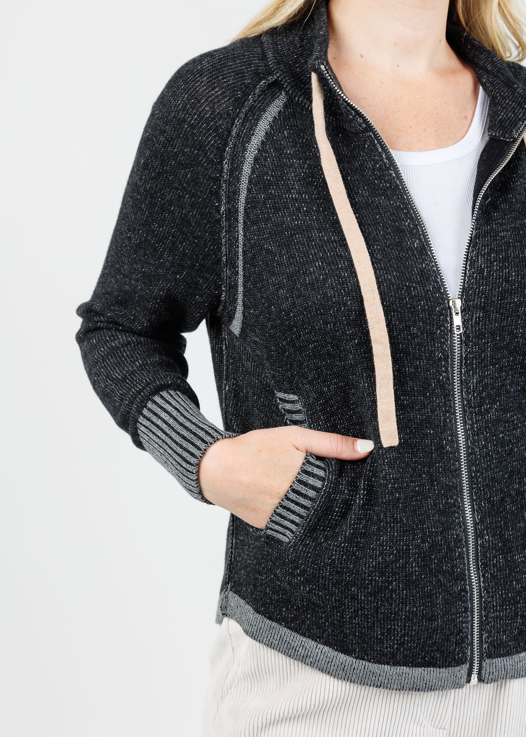 Zaket & Plover Alaia Two-Tone Zip Up Sweater in Black available at Barbara Katz