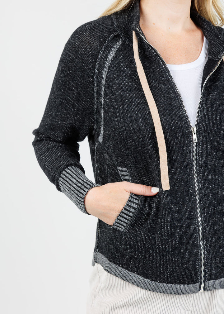 Zaket & Plover Alaia Two-Tone Zip Up Sweater in Black available at Barbara Katz