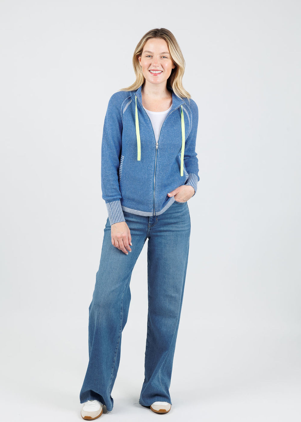 Zaket & Plover Alaia Two-Tone Zip Up Sweater in Chambray available at Barbara Katz