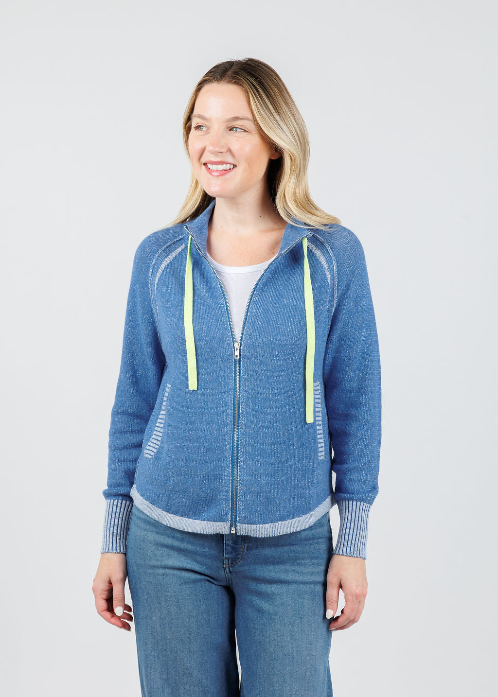 Zaket & Plover Alaia Two-Tone Zip Up Sweater in Chambray available at Barbara Katz