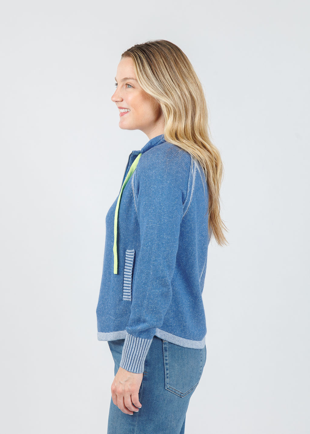 Zaket & Plover Alaia Two-Tone Zip Up Sweater in Chambray available at Barbara Katz