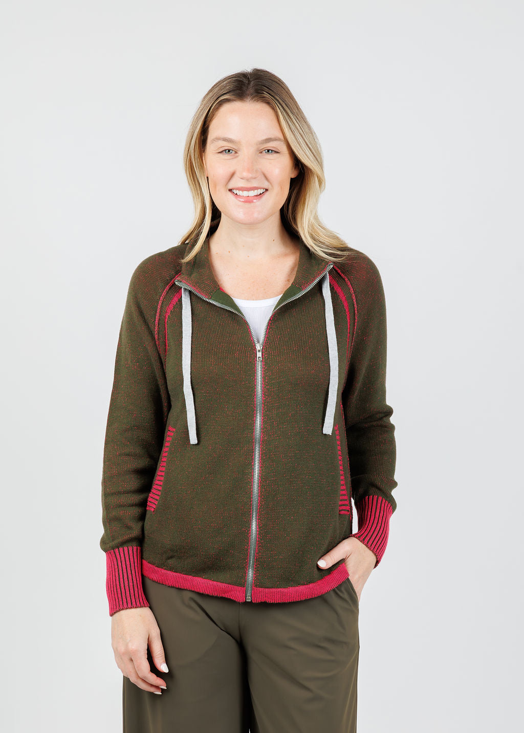 Zaket & Plover Alaia Two-Tone Zip Up Sweater in Olive available at Barbara Katz