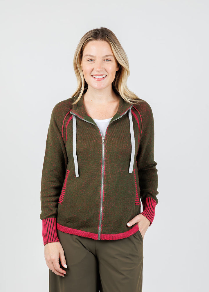 Zaket & Plover Alaia Two-Tone Zip Up Sweater in Olive available at Barbara Katz