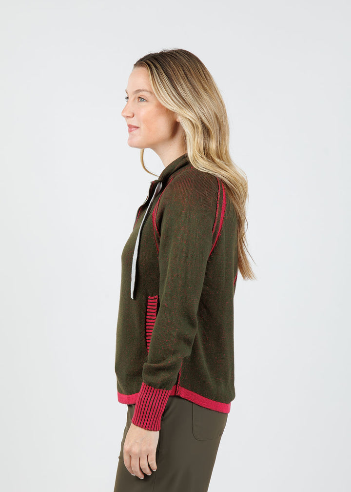 Zaket & Plover Alaia Two-Tone Zip Up Sweater in Olive available at Barbara Katz