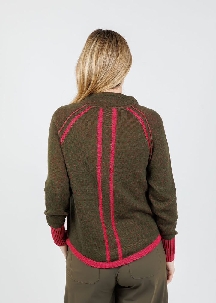 Zaket & Plover Alaia Two-Tone Zip Up Sweater in Olive available at Barbara Katz