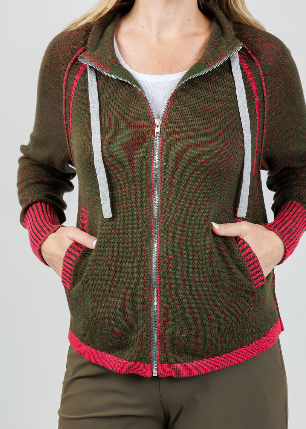 Zaket & Plover Alaia Two-Tone Zip Up Sweater in Olive available at Barbara Katz