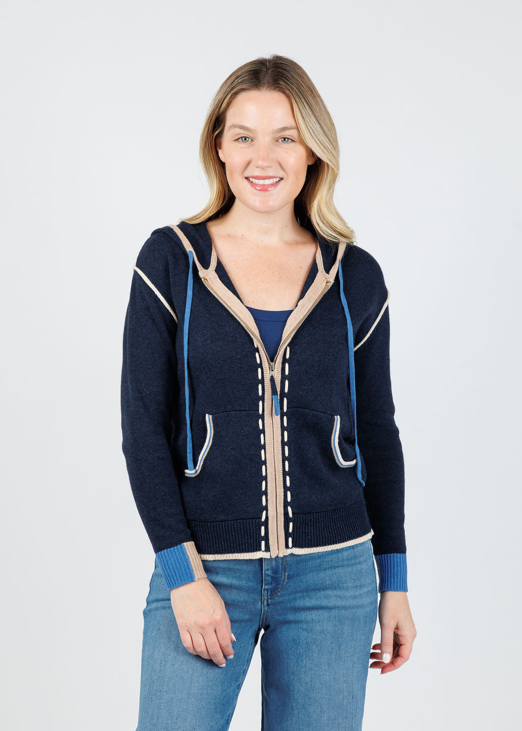 Zaket & Plover Dolly Whipstitch Hoodie in Dark Denim available at Barbara Katz