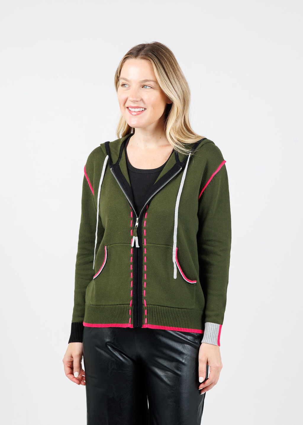 Zaket & Plover Dolly Whipstitch Hoodie in Olive available at Barbara Katz