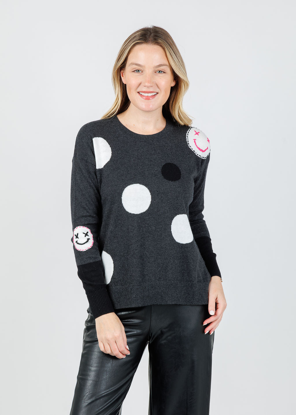 Zaket & Plover Dots & Face Stitch Sweater in Charcoal available at Barbara Katz