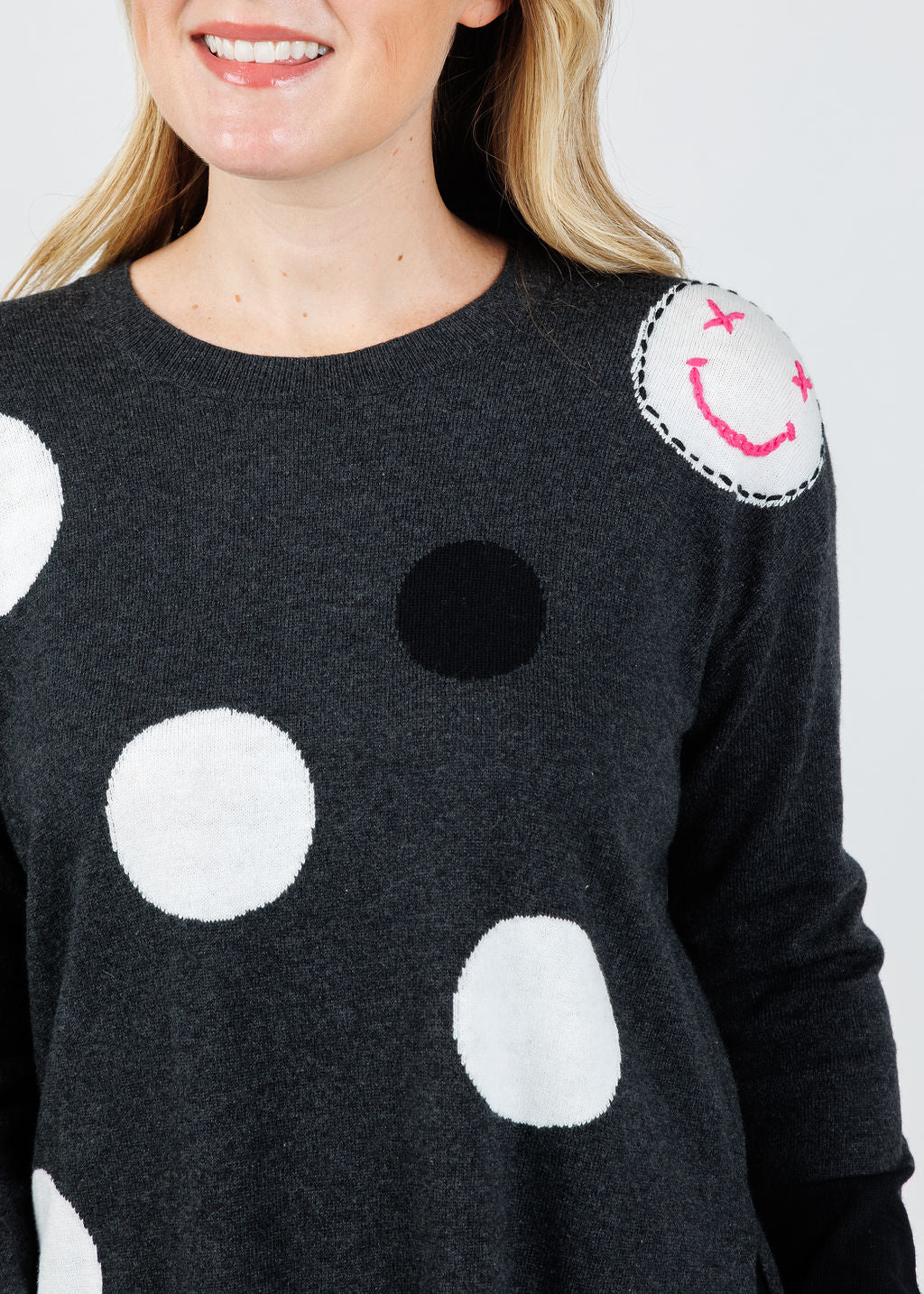 Zaket & Plover Dots & Face Stitch Sweater in Charcoal available at Barbara Katz
