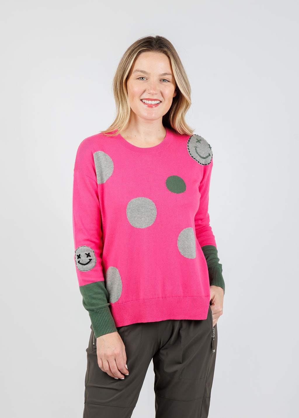 Zaket & Plover Dots & Face Stitch Sweater in Hot Pink available at Barbara Katz