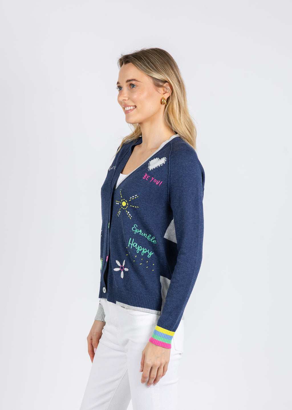 Zaket & Plover Good Vibes Cardigan in Denim available at Barbara Katz