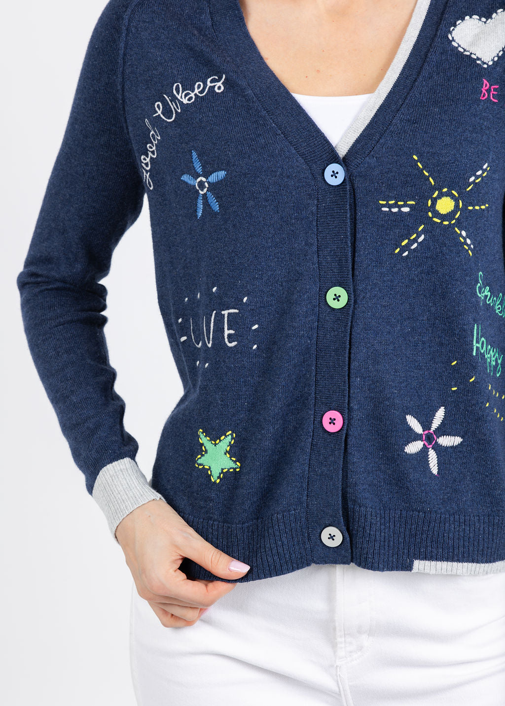 Zaket & Plover Good Vibes Cardigan in Denim available at Barbara Katz