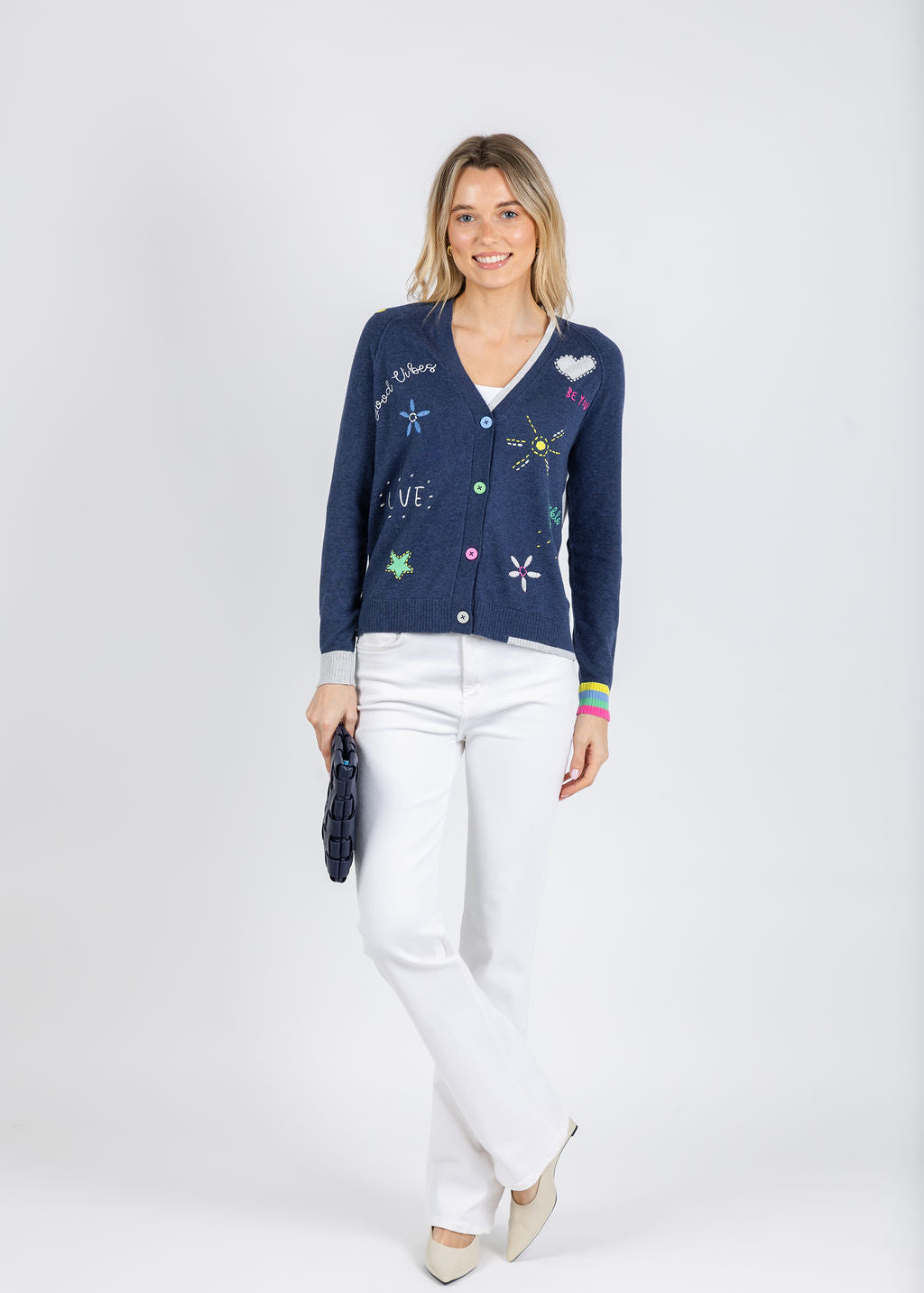 Zaket & Plover Good Vibes Cardigan in Denim available at Barbara Katz